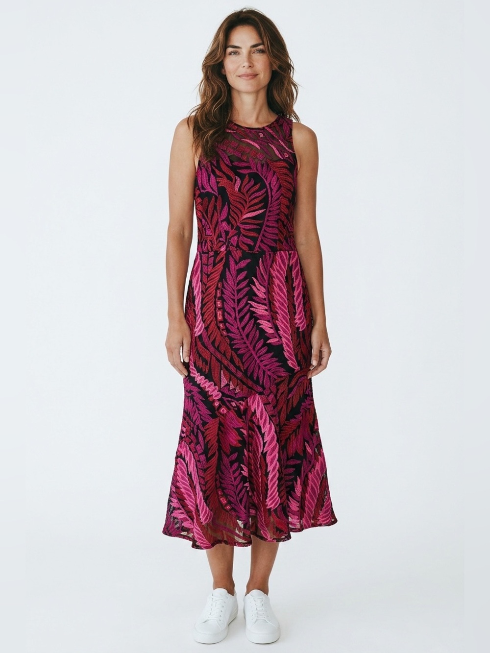 Sam Edelman Pink and Black Leaf-Print Sleeveless Midi Dress
